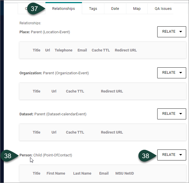 Relationships选项卡及其对应的字段用于为地点、组织、数据集和人员(联络点)选择关系。