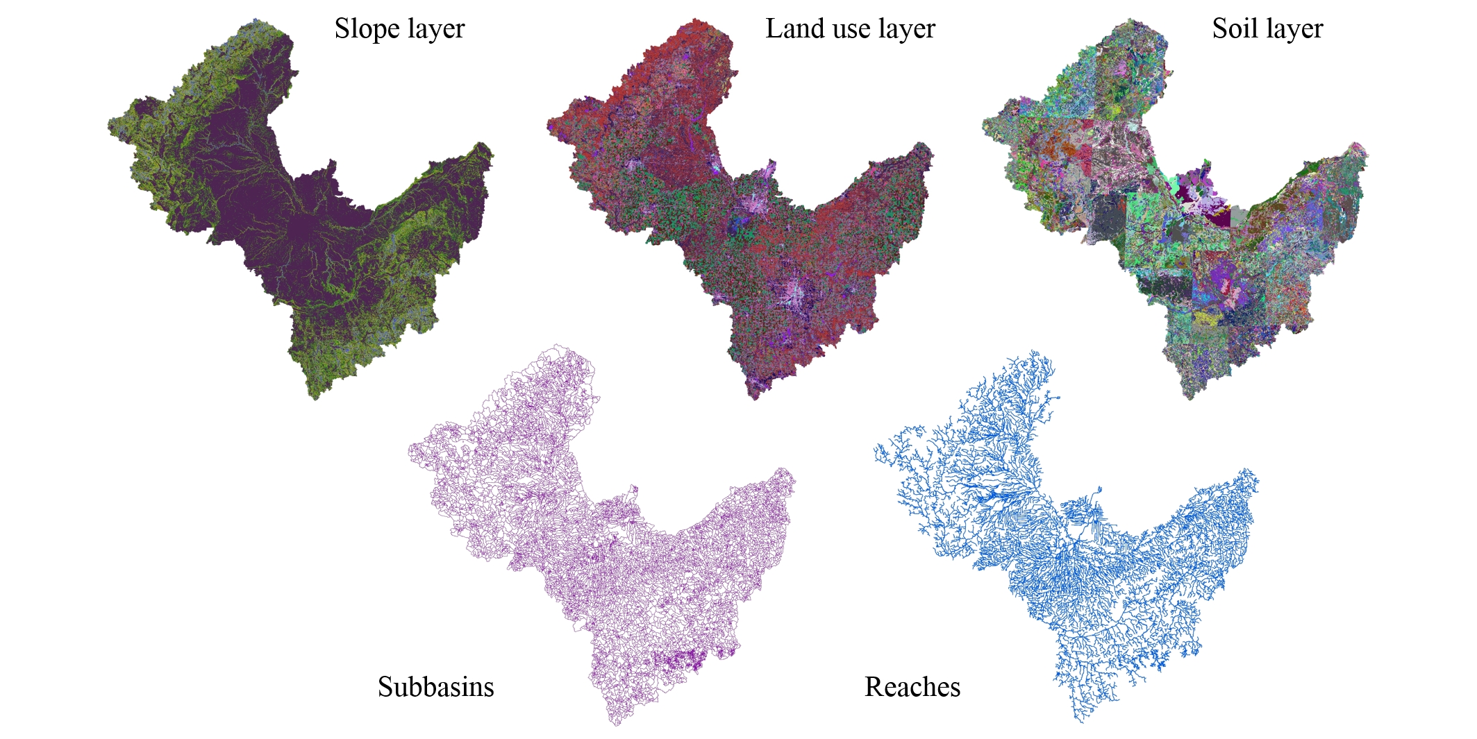 地理空间层相片,包括斜坡、土地利用、土壤类型、子流域边界和河流网络,用于密歇根Saginaw河分水岭生物物理模型搭建
