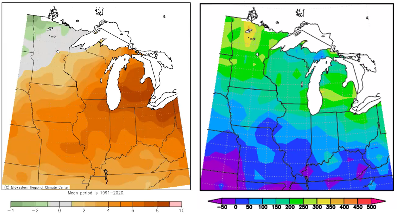左为8月25日至31日的平均气温偏离正常值，右为5月1日至8月31日的日数增长(以50为基数)偏离正常值。图片由MSU的Jeff Andresen提供。