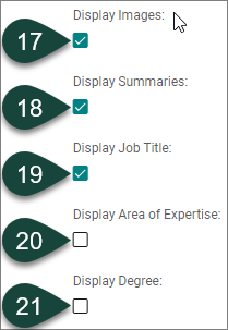 显示带有复选框的显示字段，以指示选择首选项。这些首选项包括显示图像(默认)、显示摘要(默认)、显示职位名称(默认)、显示专业领域(非默认)和显示学位(非默认)。